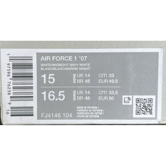 NIKE AIR FORCE 1 '07 WHITE MIDNIGHT NAVY Size 15 - Picture 6 of 6